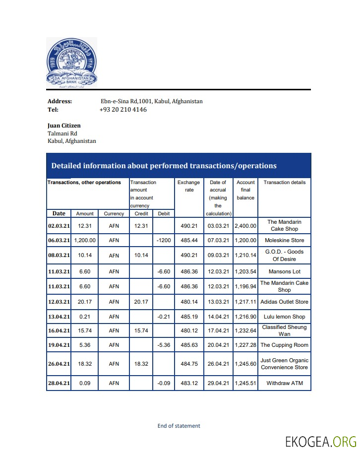 Modèle de relevé bancaire Afghanistan Da Afghanistan au format Excel et PDF